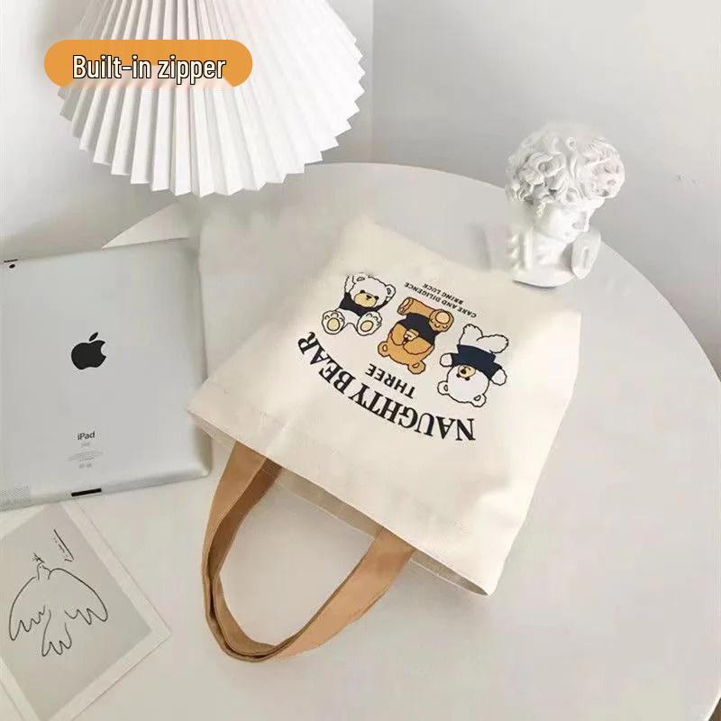 Three Bears Zippered Canvas Tote: Student and Work Portable Book Bag with Creative Design Customization