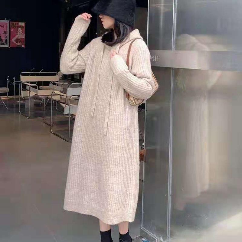 LYRIA Korean Style Mid-length Hooded Knitted Dress for Women, New Autumn and Winter Style, Loose and Slimming, Lazy Pullover Base Layer Sweater Dress