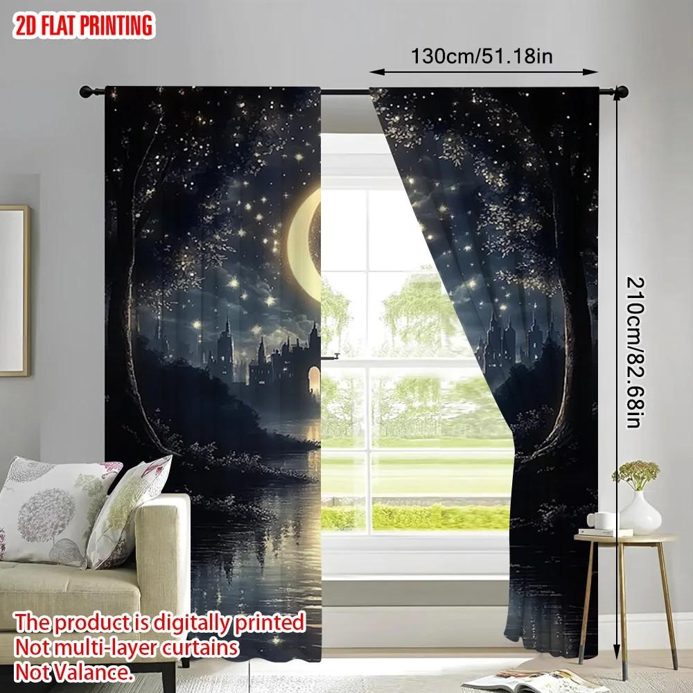 2pcs Mystical Moonlight Scene Curtains   Polyester Window Treatment   Home Decor  Rod Pocket Curtains