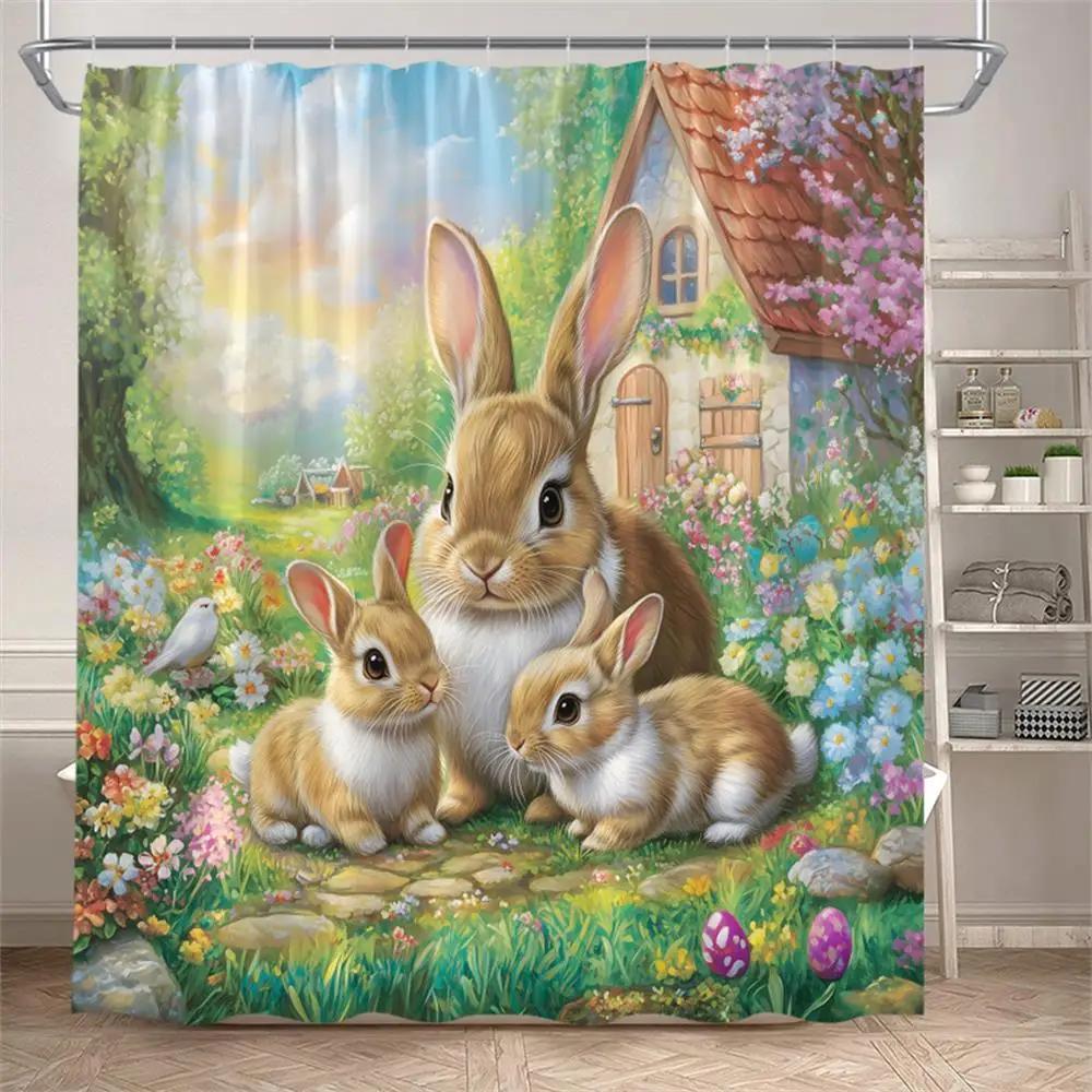 Funny Easter Shower Curtains Cute Cat Rabbit Eggs Butterfly Tulip Flowers Rustic Fabric Home Bathroom Curtain Decor With Hooks