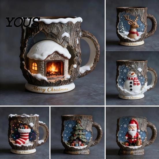 Durable Resin Cup Christmas Themed Coffee Mug, 3D Santa Claus/Snowhouse/Reindeer/Socks/Christmas Tree/Snowman Design, Party Drink Supplies Stainless