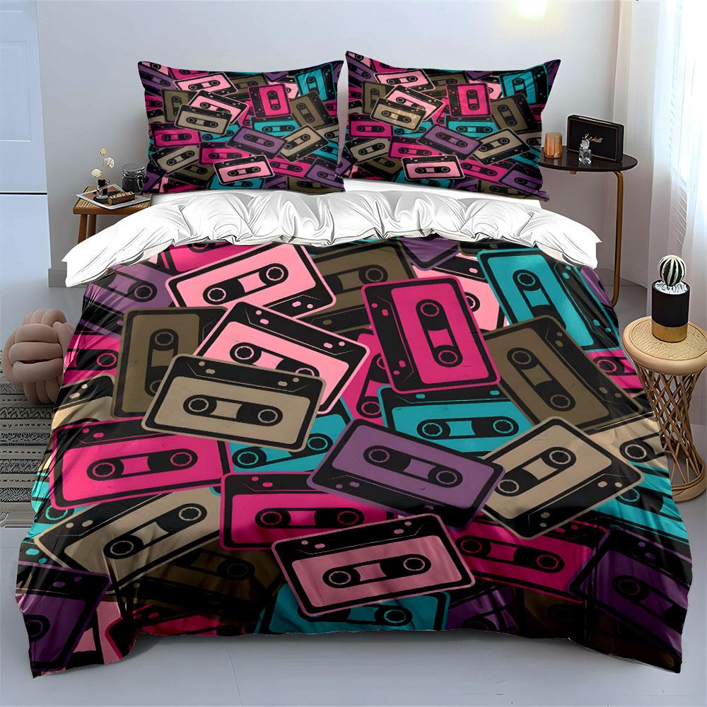 Colorful Retro Cassette Pattern Bedding Duvet Cover Set  (1*Duvet Cover 2*Pillowcases, Without Duvet Insert)