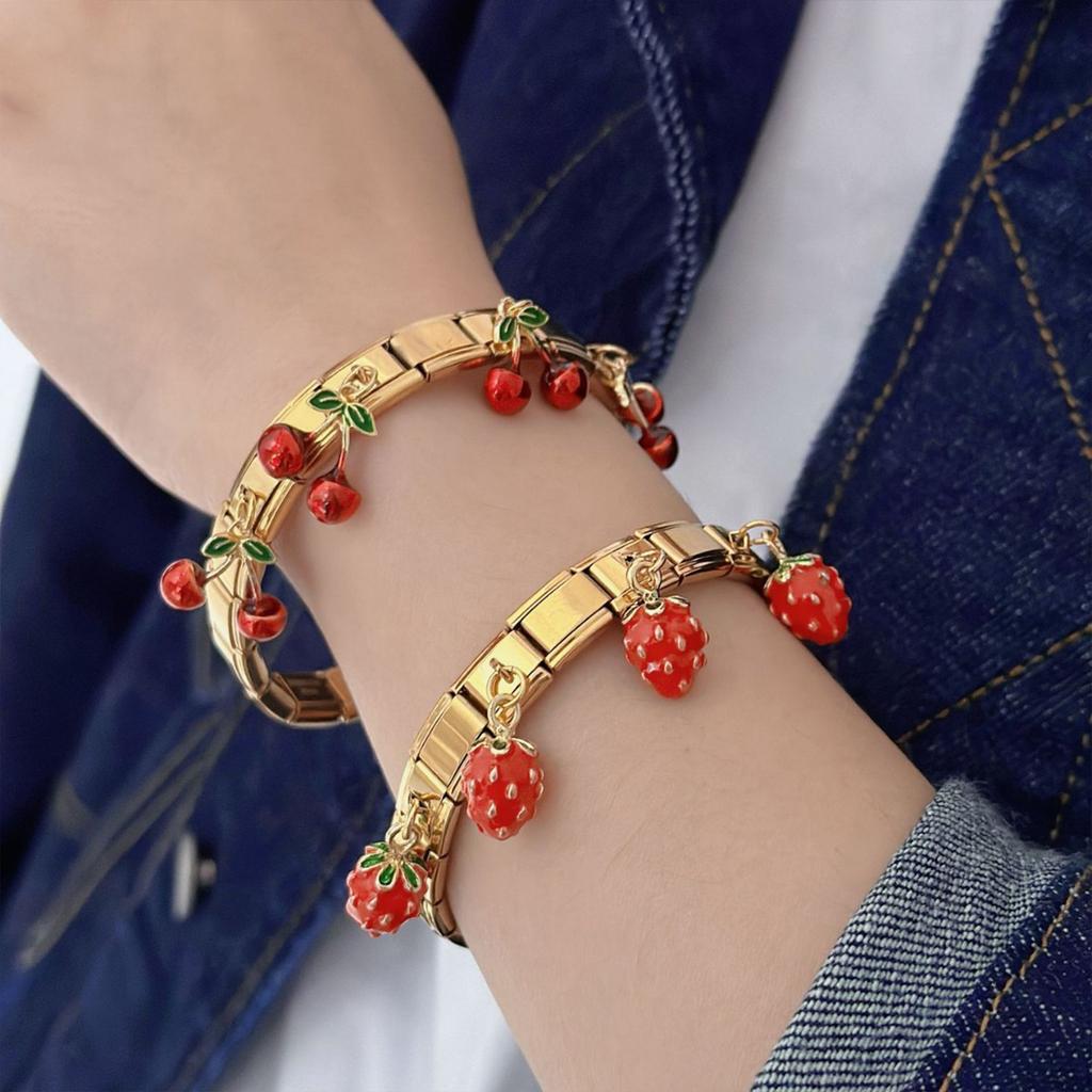 Stylish Strawberry and Cherrys Designs Stainless Steel Bracelet for Trendy Women and Teens With Adjustable Fit