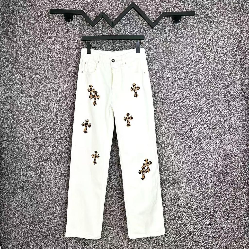 7707 CHROME HEARTS Pánské a dámské trendy džíny v americkém stylu s látkovými nášivkami, ležérní a módní high street kalhoty