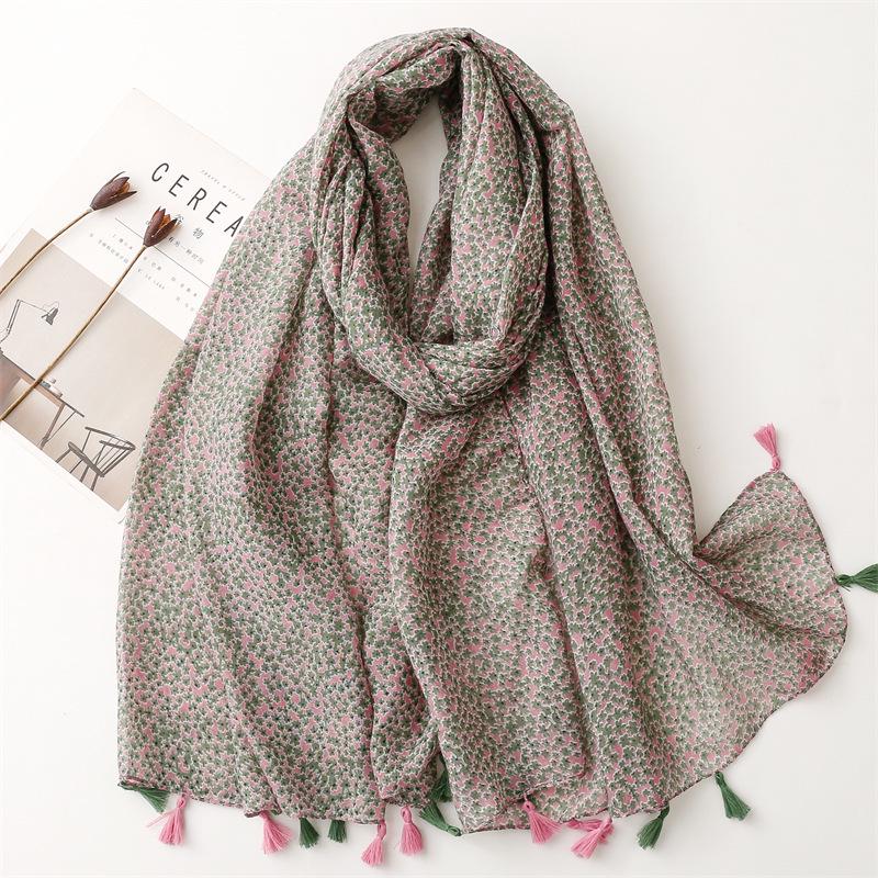 Bali Yarn Cotton-Linen Scarf: Fresh Solid Color, Fruit Green & Bright Yellow Leaf Print with Tassel Detail