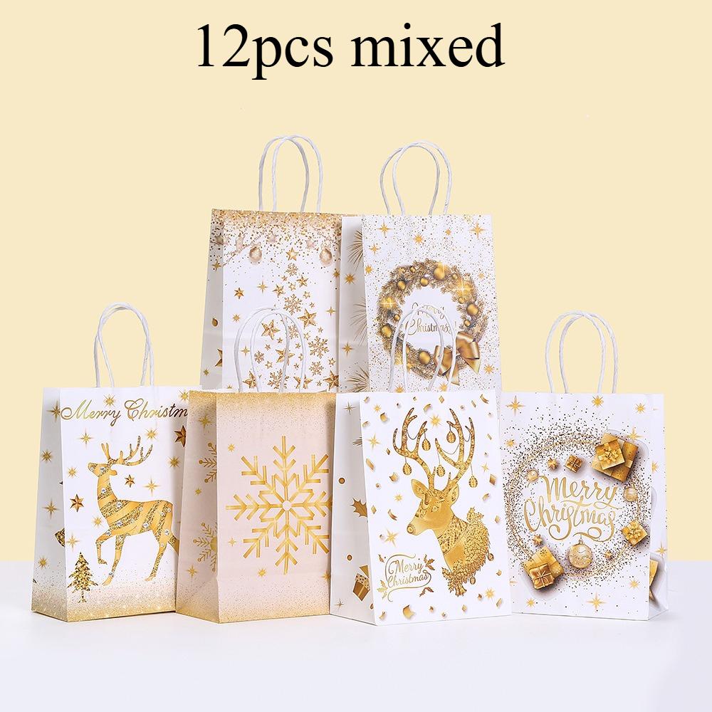 12/24pcs Elegant White &Golden Luxury Christmas Gift Bags with Golden Glitter Reindeer,Snowflake & Tree Cutouts Party Packaging