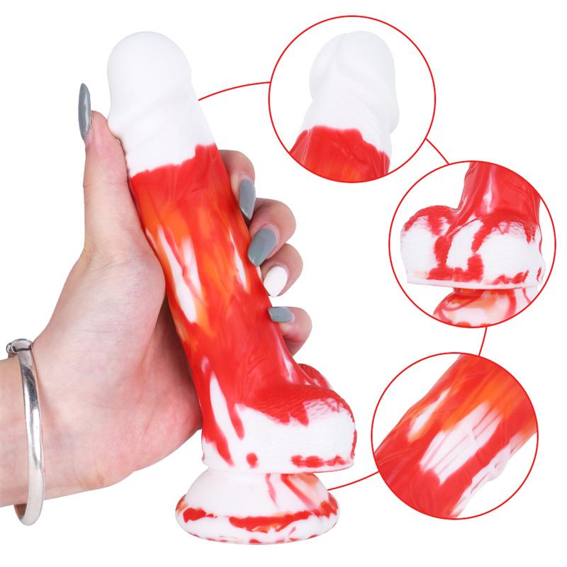 Flash 3 Ring Closed Moon Shame Flower Blue Red and White Mixed Color Liquid Silicone Simulation Good Wear Dildo Leather Pants