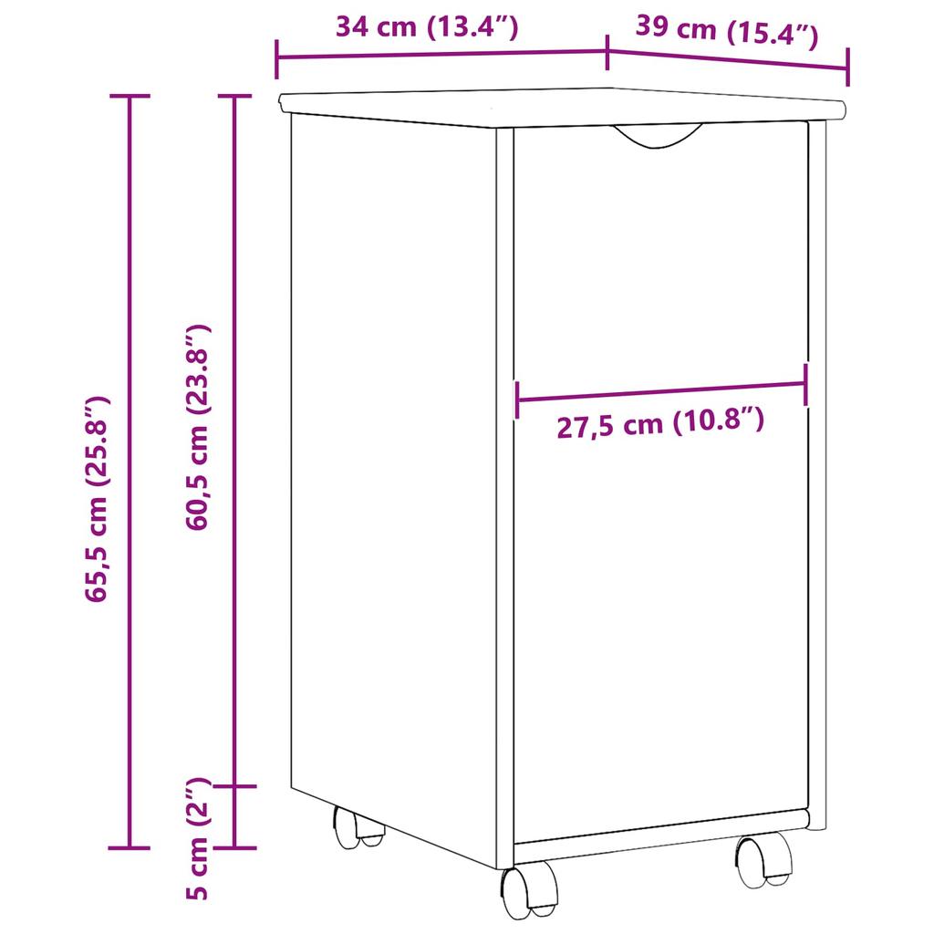 Mobile Storage Cabinet in Brown 34 x 39 x 65.5 cm Solid Pine Wood