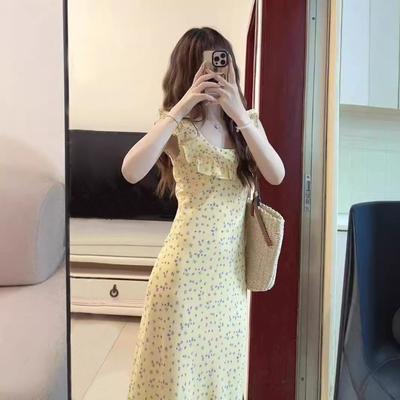 French Retro Floral Dress Mid-length Elegant Lady's Square Collar Ruffle Skirt Women's Summer Over-the-Knee Dress