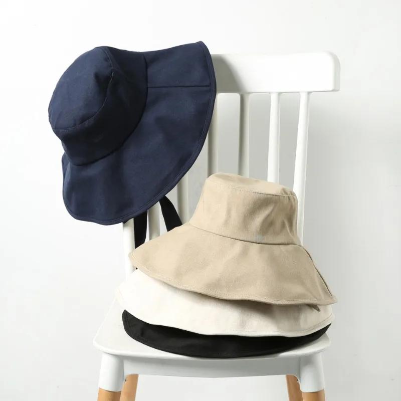Summer Spring Tie Bucket Hat Women Big Brim Fisherman Hat Foldable Sunscreen Chic Cotton Linen Beach Sun Hat