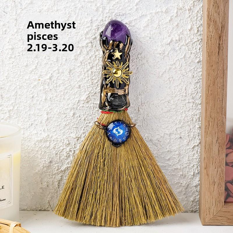 

Twelve Zodiac Signs Crystal Stone Figurine With Handmade Magic Broom For Home Decor And Gift Giving Pisces
