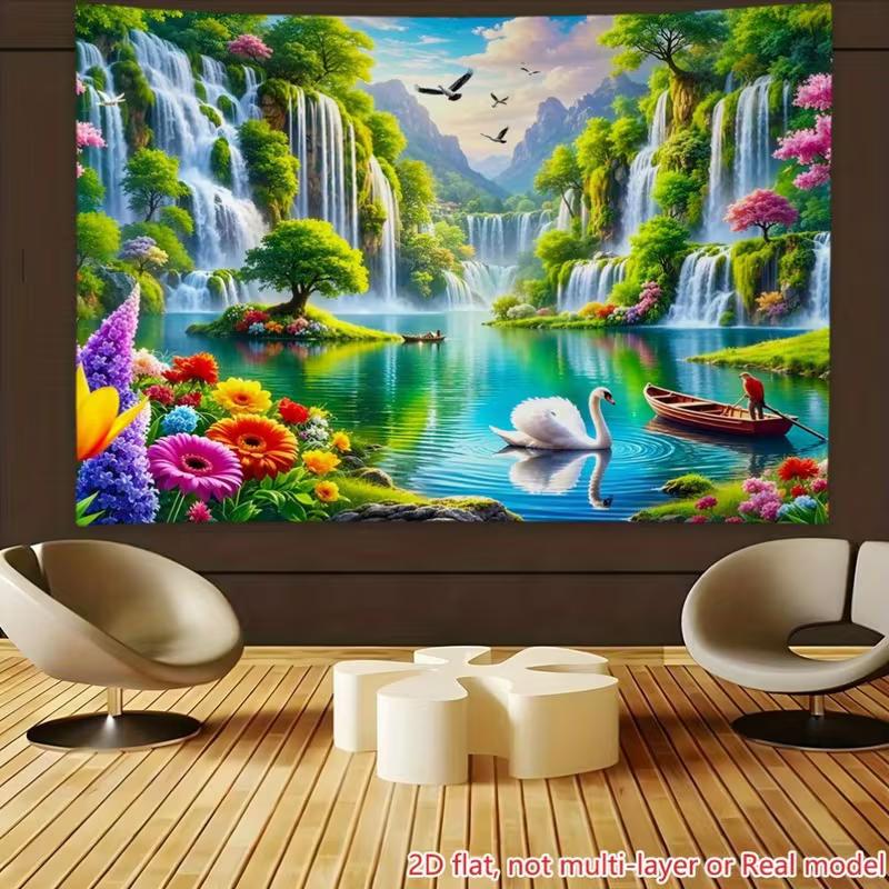 2D Fairy Lake Waterfall Backdrop Colorful Flowers Swan Tapestry for Festival Decoration