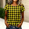 Women’s Casual Crew Neck Short Sleeve Plaid Print T Shirt Button Front Loose Fit Pullover Top for Daily Wear Office School