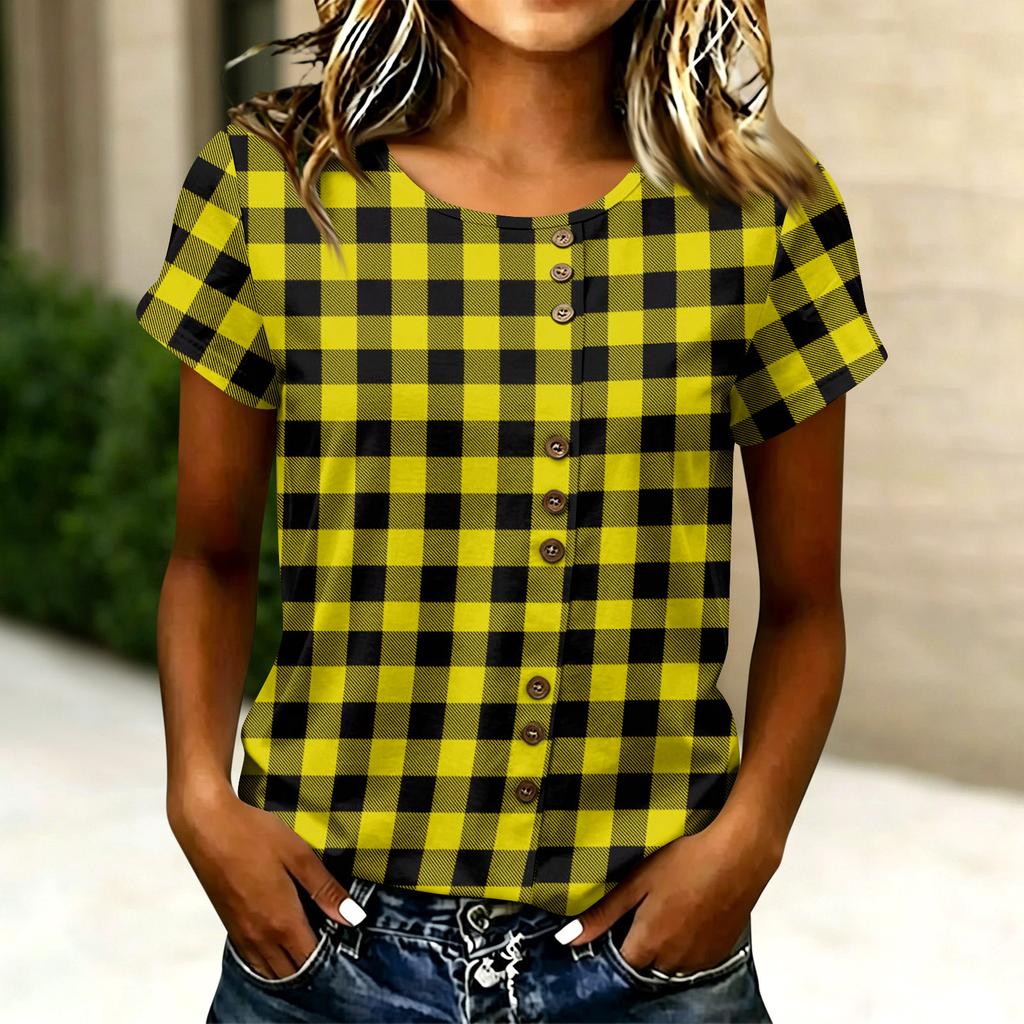 Women’s Casual Crew Neck Short Sleeve Plaid Print T Shirt Button Front Loose Fit Pullover Top for Daily Wear Office School