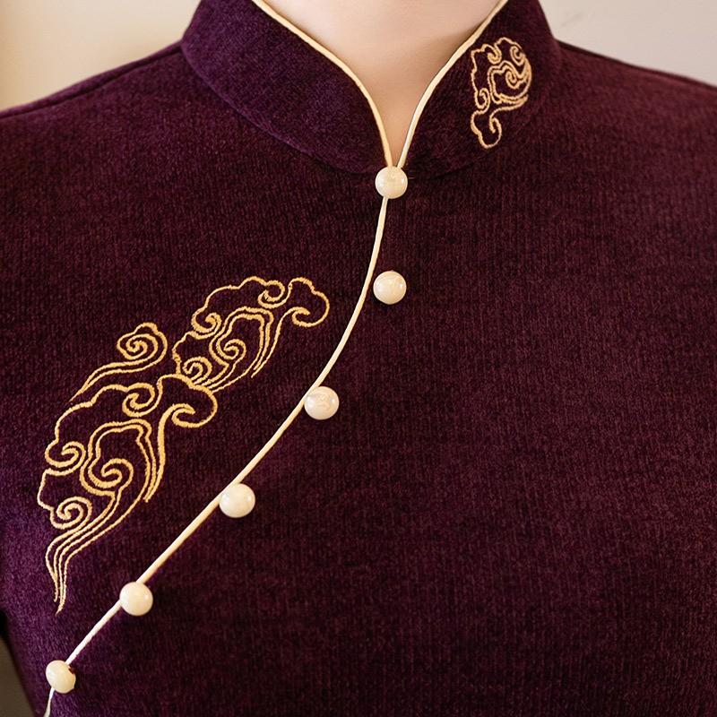 Elegant Vintage-Inspired Long Sleeve Cheongsam Dress Women High-Waisted Fitted Silhouette Chenille Fabric Winter