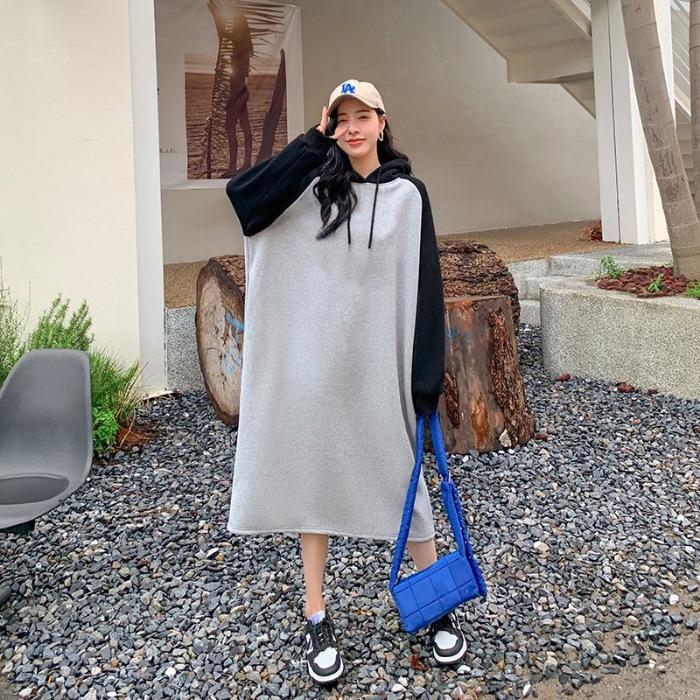 

YYFS Женская мода Осень Зима Длинный рукав С капюшоном Свободная талия Повседневные платья XL серый