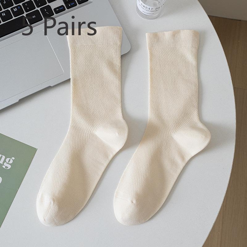 5 Pairs White Socks Women Summer Thin Cotton Mid-calf Socks Mesh Breathable Cool Feeling Fragrance Antibacterial Anti-odour Monthly Stockings
