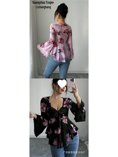 European Floral Gradient Tie-Up Square Neck Long Sleeve Shirt