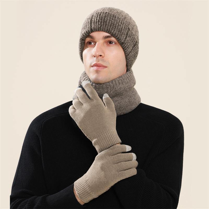 Winter Cashmere Wool Hat Warm Cold-Proof Knitted Hat Scarf Gloves Hat Three-Piece Set