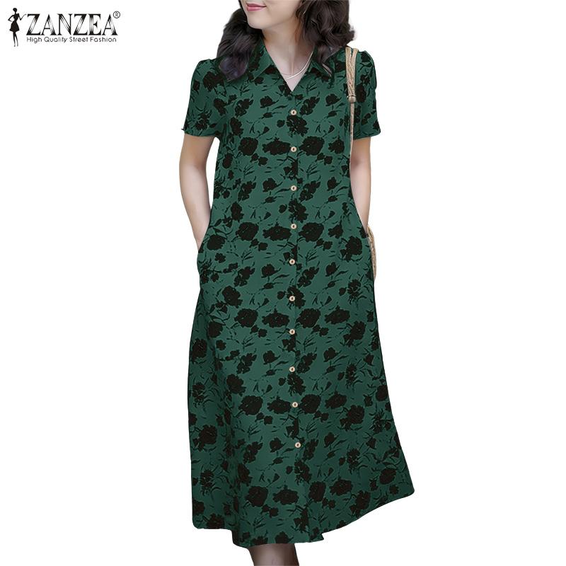 ZANZEA Women Casual Turn Down Collar Short Sleeve Floral Shirt Dress