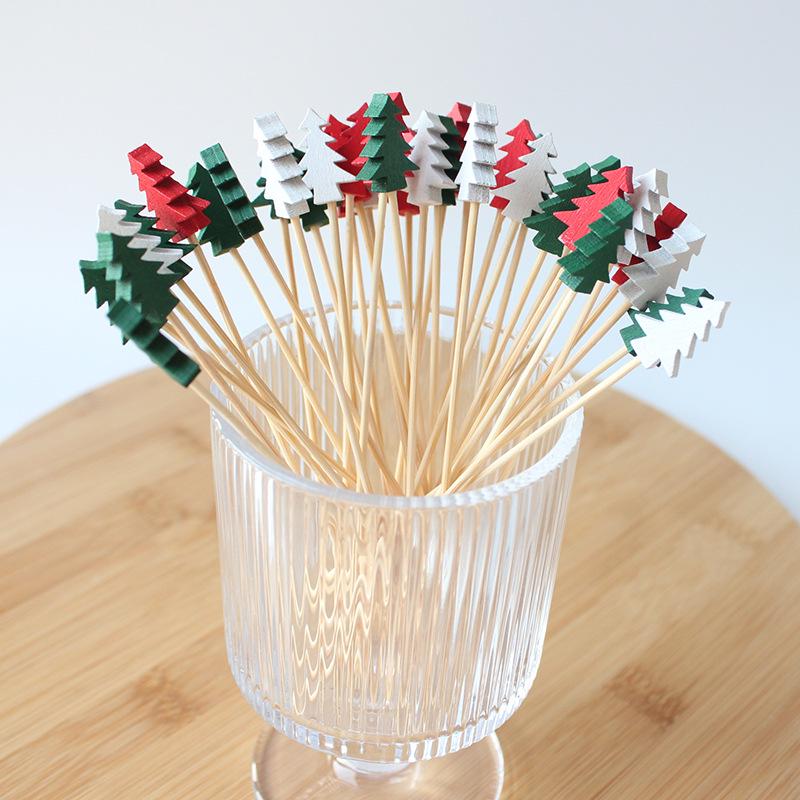 Three-Color Christmas Tree Fruit Picks: 100-Piece Pack - Green Fir Tree Shape Bead String Disposable Bamboo Skewers.