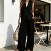 Damen 2-teiliges Leinen-Set Ärmelloses V-Ausschnitt Knopfleiste Tanktop und Weite Hosen Set Sommer Lässig Lounge Outfits