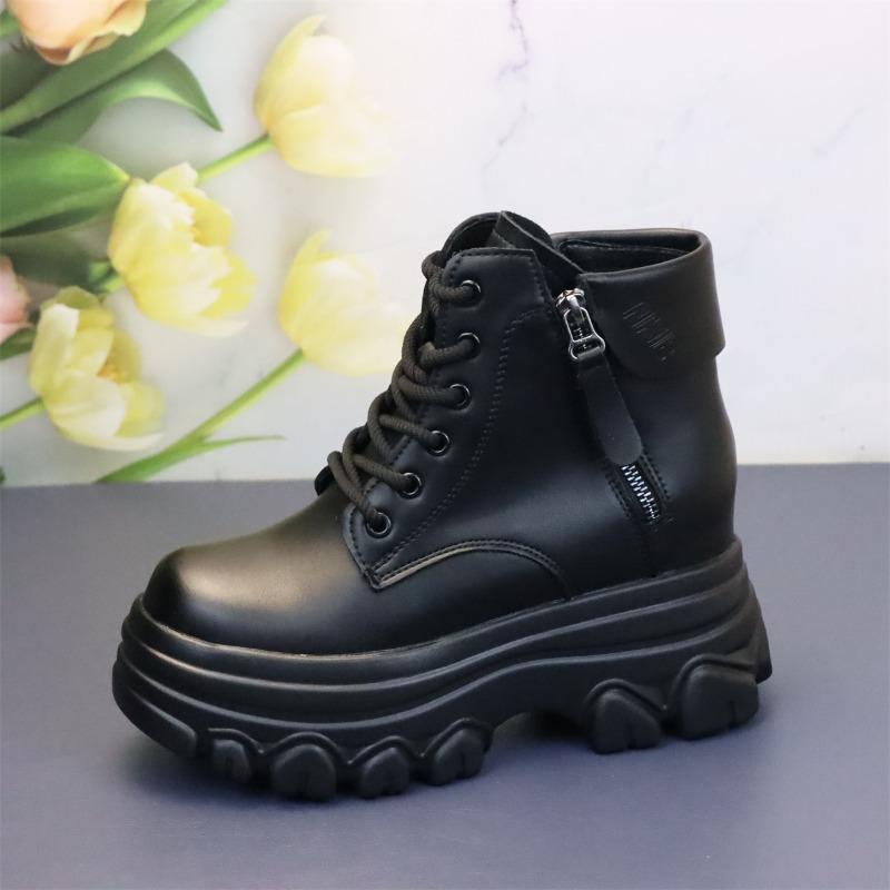 Fashion Autumn Women High Top Leather Shoes Platform Wedge Sneakers Chunky Shoes Hidden Heel 10 CM Brown Black Women Casual Shoes