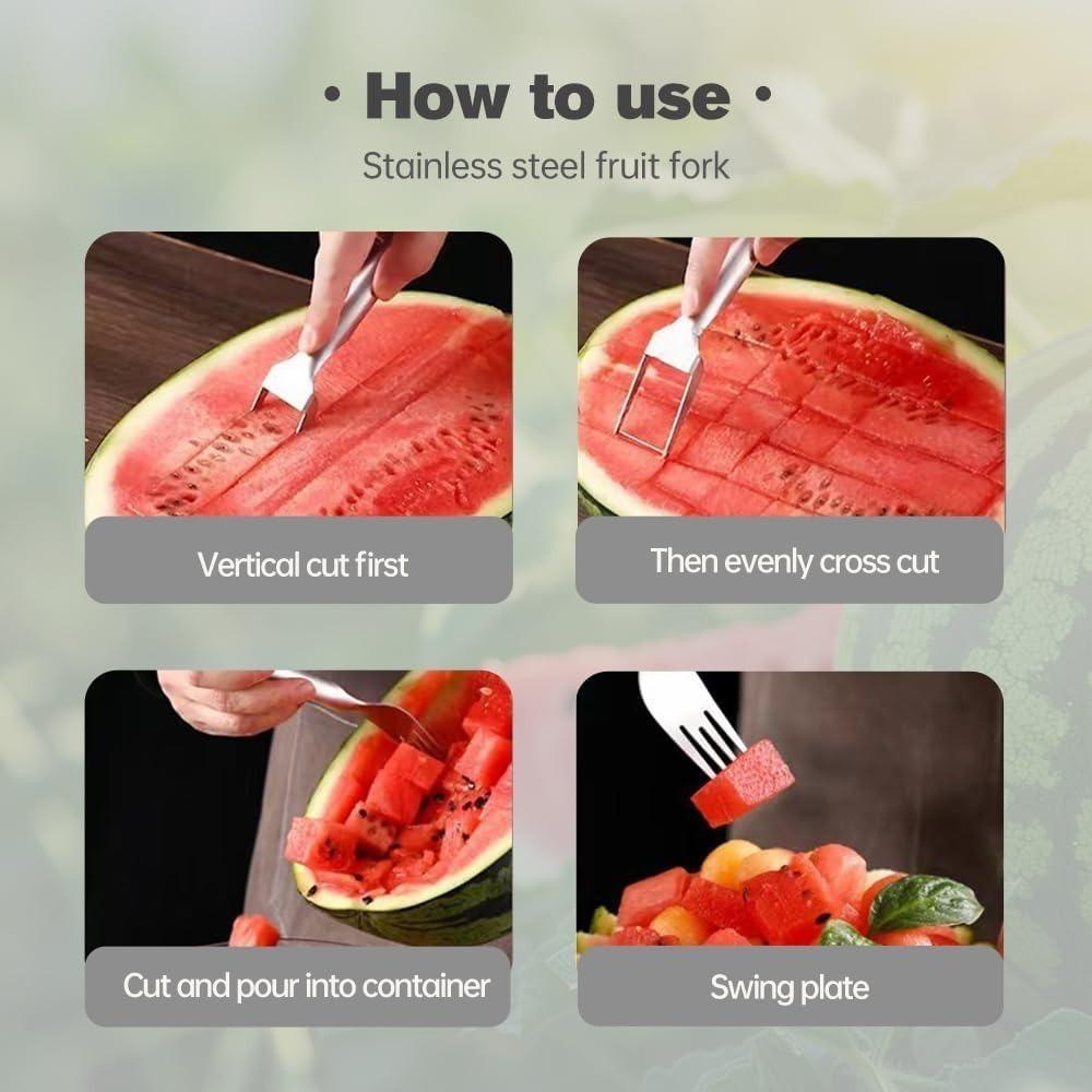 2-in-1 Stainless Steel Watermelon Cutter, Watermelon Slicer, Fruit Watermelon Cutting Tool, Double Head Stainless Steel Watermelon Cutter & Fruit Fork