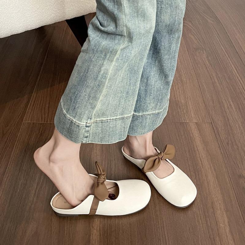 Baotou Slippers for Women Soft-soled Summer Flat-bottomed Bow One-foot Half-support Single Shoes