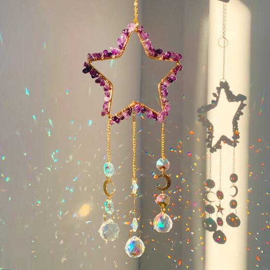 Yousheng Crystals Suncatcher, Hanging Star Sun Catcher with Prisms for Windows, Healing Crystal Wind Chimes Decor for Home, Gift for Christmas