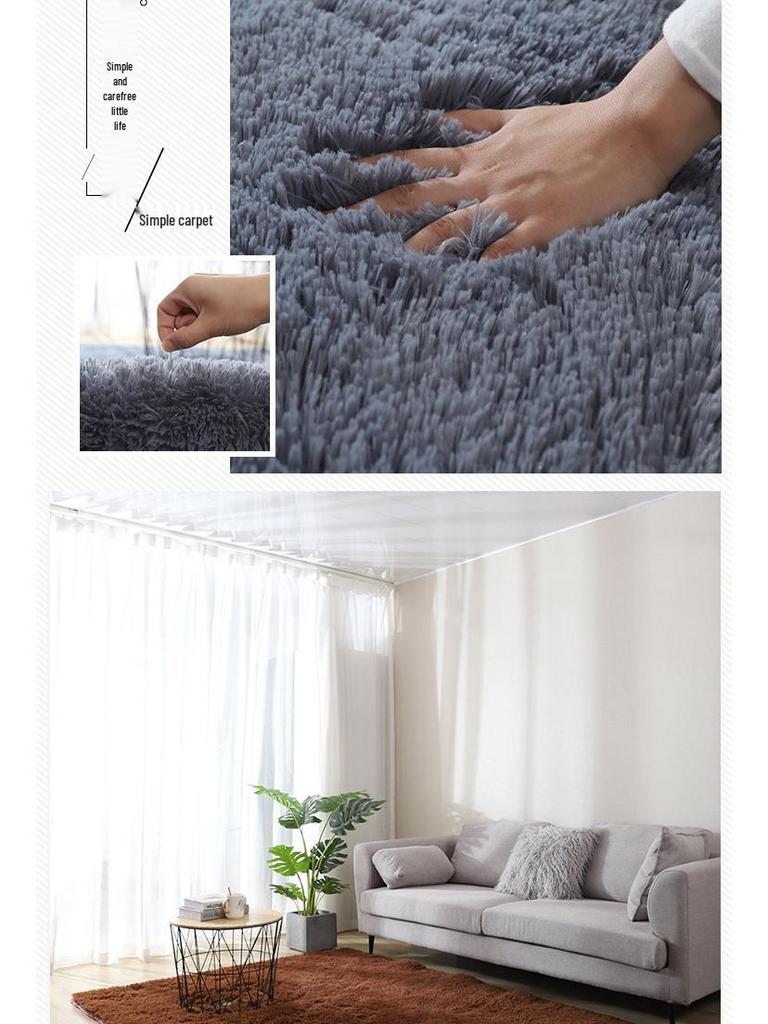 Long Pile Silk Wool Carpet - Full Coverage Bedroom and Living Room Rug, Solid Color