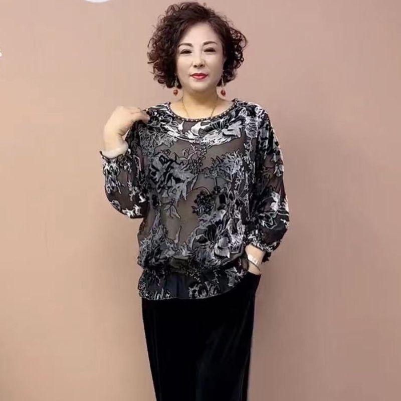 2PCS Pants Suts Spring Summer High-end Women's Printed Plus-Size Silk Blouse Velvet Pants Two-Piece Set Loose Flocked Velvet Blouse Velvet Pants Set