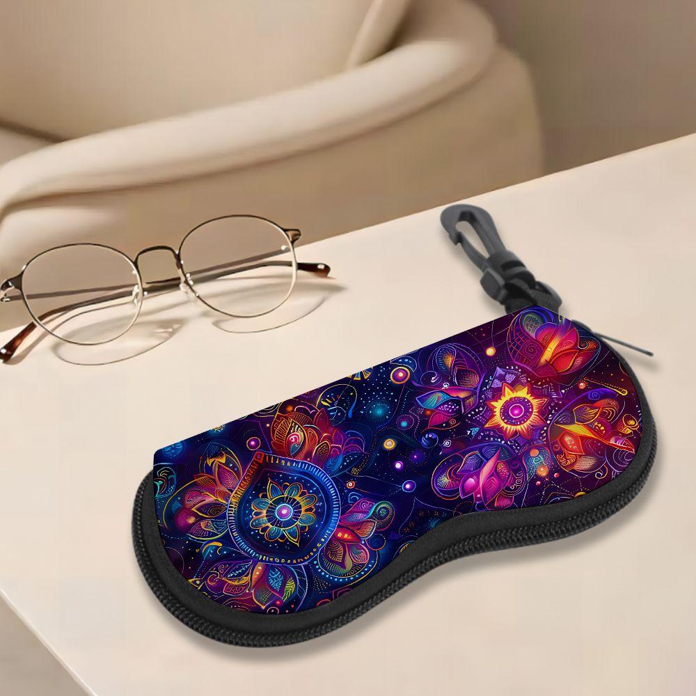 2D-Neon Mandala Floral Pattern Sunglasses Case, Protective Zipper Eyeglasses Pouch, Lightweight Portable Eyewear Container for Travel and Gift