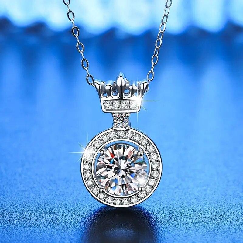14K White Round Moissanite Necklace Pure Silver Crown Pendent Necklace For Women Wedding Engagement Jewelry Gift