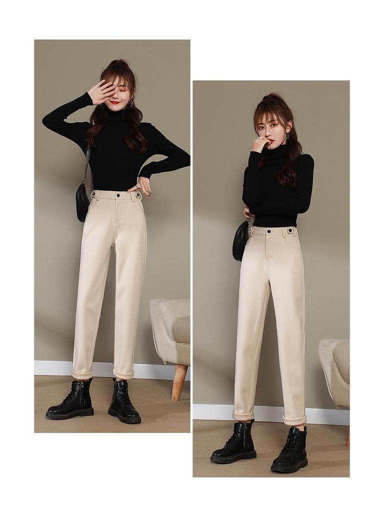 Women's Black Wool Fleece-Lined High Waist Loose Straight-Leg Harem Pants for Autumn and Winter