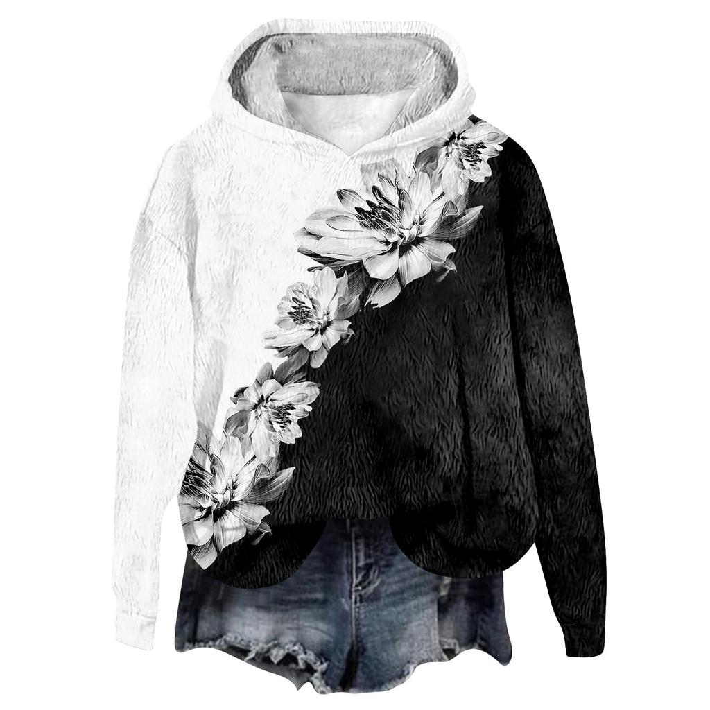 Women's Hooded Long Sleeve Printed Flannel Top Hooded Sweatshirt