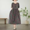 Women's Printed Cotton and Linen Short Sleeved Dress, Loose Retro Long Skirt, Summer