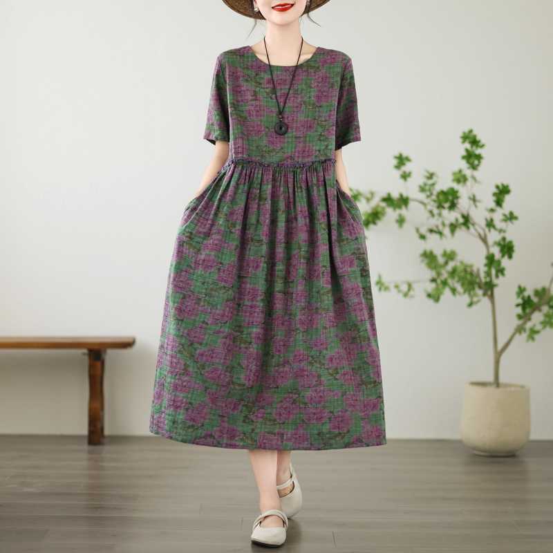 Women's Printed Cotton and Linen Short Sleeved Dress, Loose Retro Long Skirt, Summer