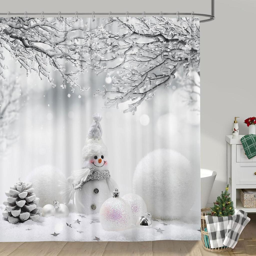 Cute Snowman Snowflake Shower Curtain with Grey Winter Forest Pattern, Waterproof Xmas Holiday Bathroom Decor Set for Home