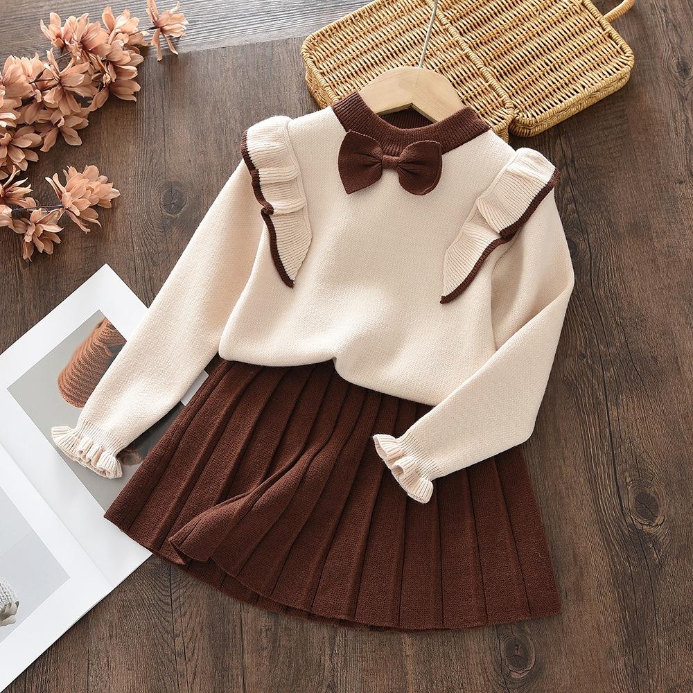 Girls' Flutter Sleeve Knitted Sweater Set Children's Korean Style Spring Autumn Fashionable Two-Piece Set for Toddlers and Little Girls Princess