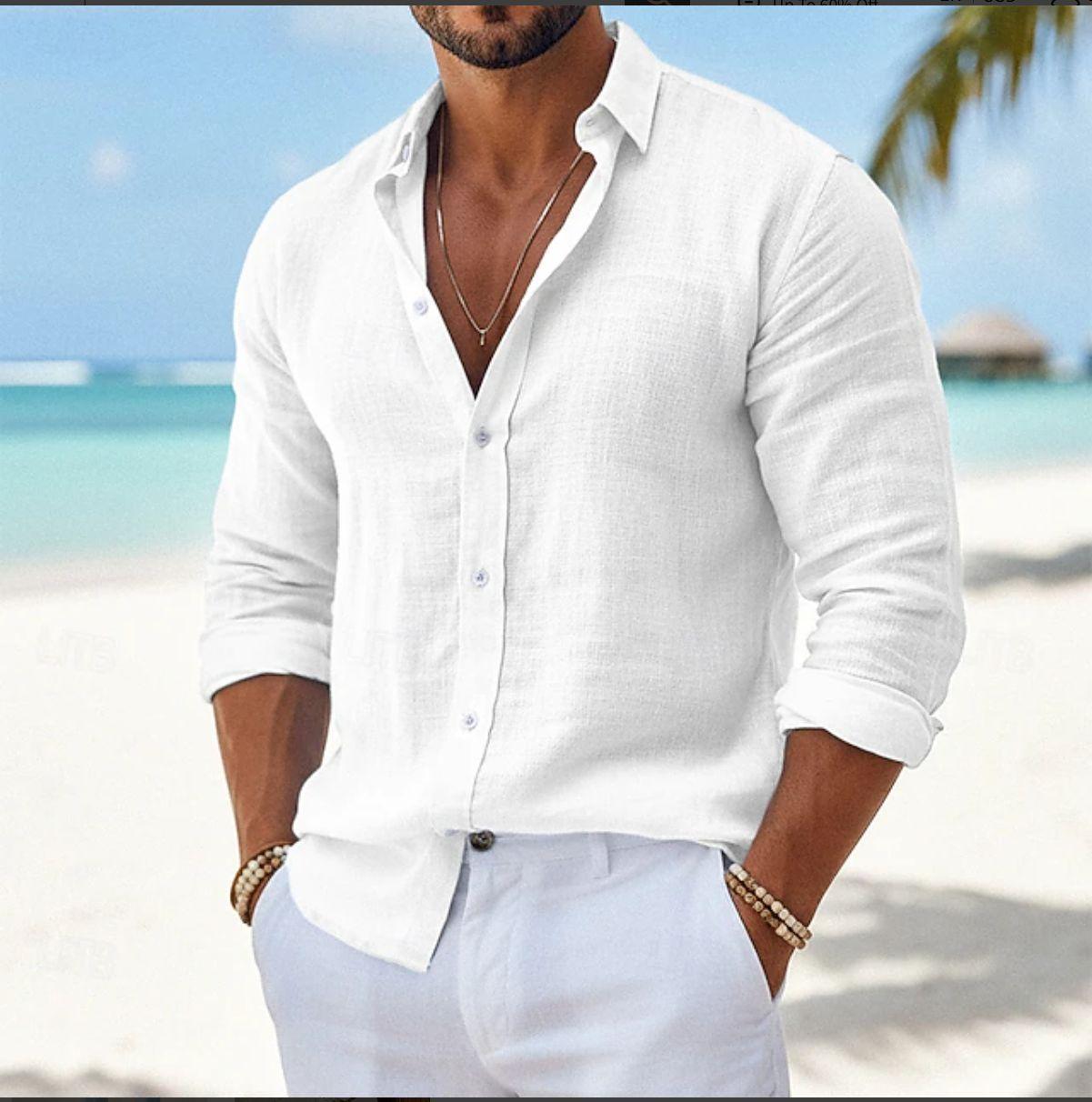 Mens Linen Blend Long Sleeve Button Down Shirt Casual Beach Wear All Season S белый
