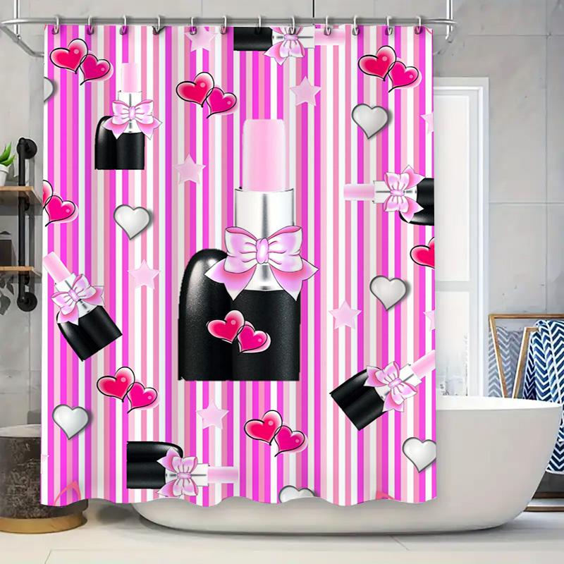 

Pink And White Striped Shower Curtain With Heart And Nail Polish Pattern For Bathroom Decor Modern Home Decor Item #8214360795; W60H190(CM)-1 Pcs