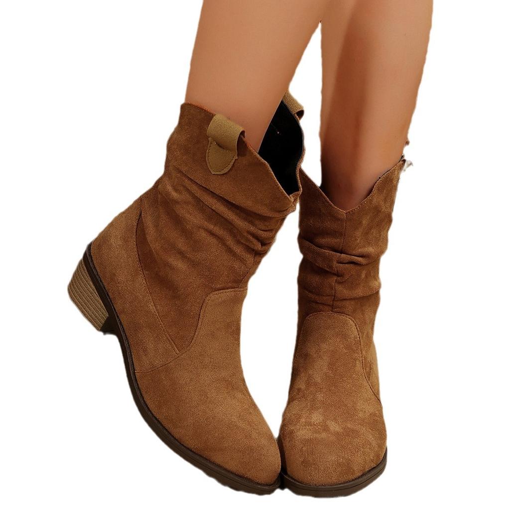 New Large Size Pointed Middle Help Thick Heel Martin Boots Versatile Western Cowboy Style Retro Suede Fashion Boots Women