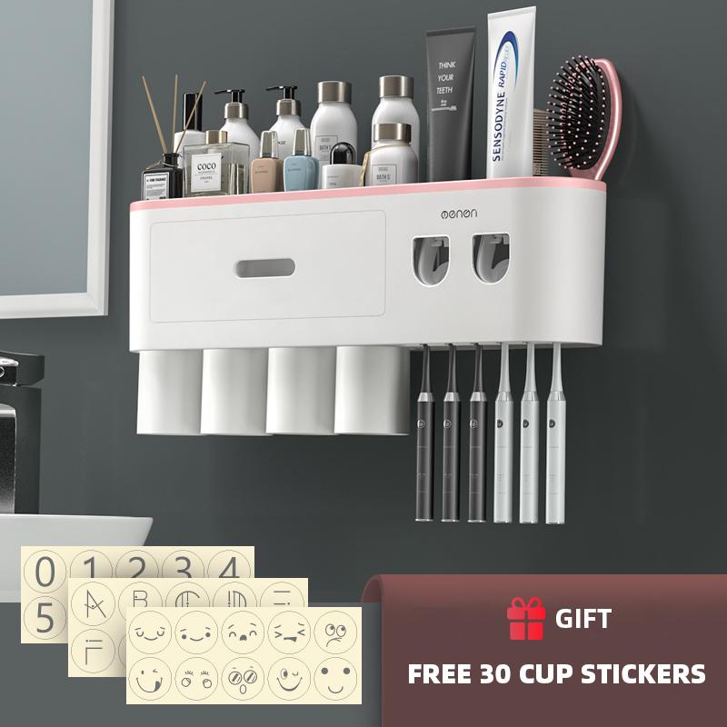 Magnetic Adsorption Inverted Toothbrush Holder Wall-mounted Double Automatic Toothpaste Dispenser Rack Bathroom Accessories