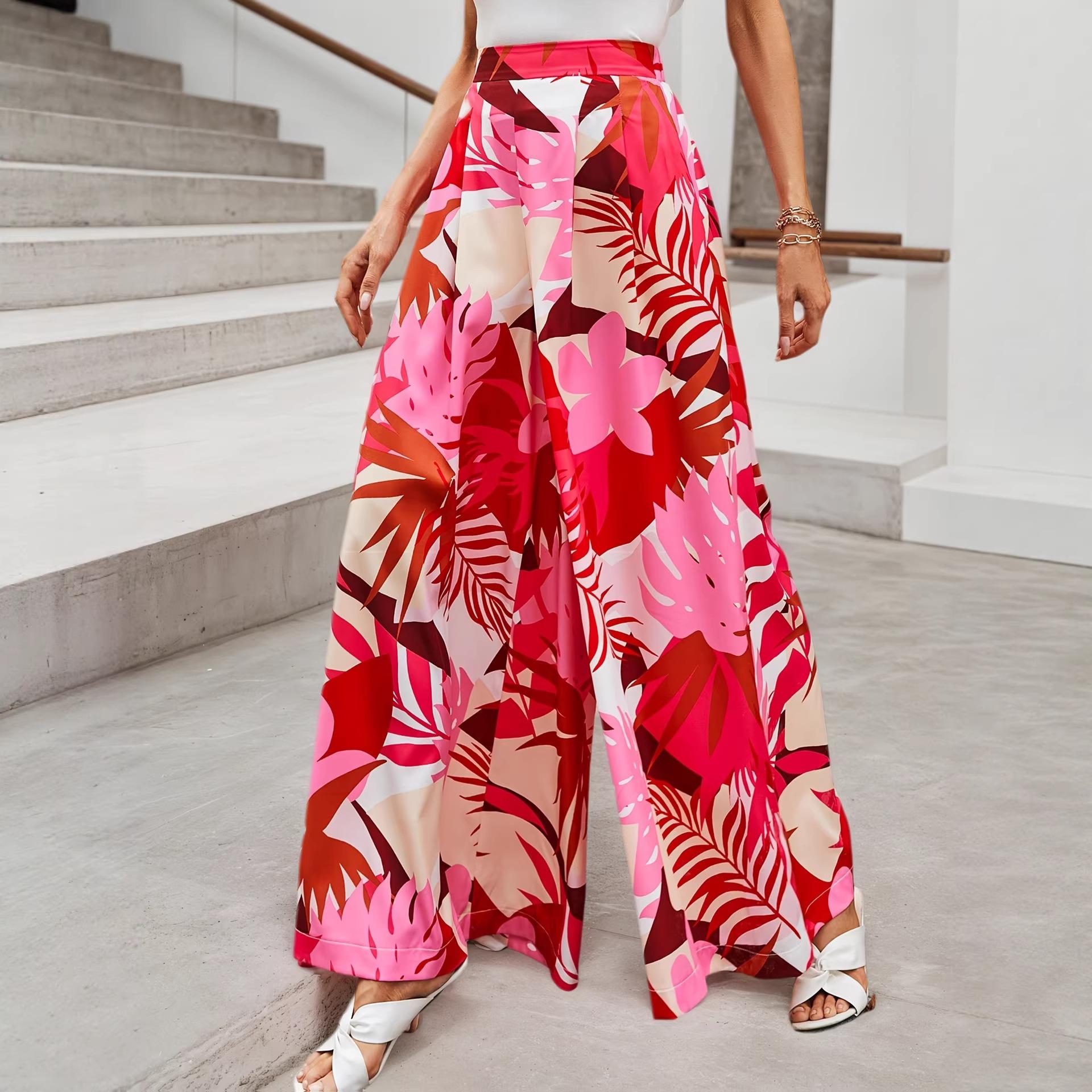 European and American printed resort chiffon wide-leg pants bohemian high-waisted beach trousers women s summer European and american size s красный