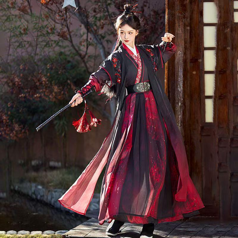 Hanfu 2 novo primavera e verão masculino e feminino cavaleiro diário bonito roupa antiga em terno vermelho e preto