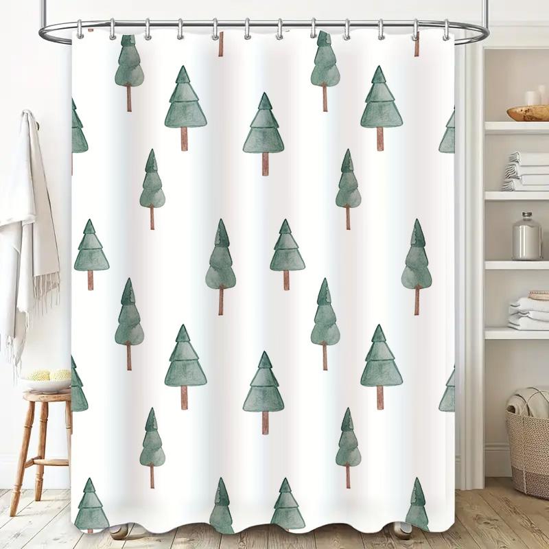 Green Pine Tree Printed Shower Curtain Home Decor Bath Linen Set Watercolor Christmas Trees Design Waterproof Fabric for Bathtub