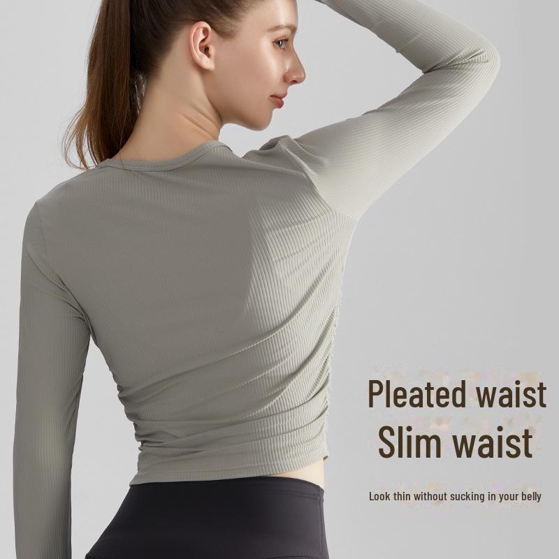 LAHN Women's Quick-Dry Long-Sleeve Sports Top, Breathable, Slim Fit, Side Pleats, Round Neck.