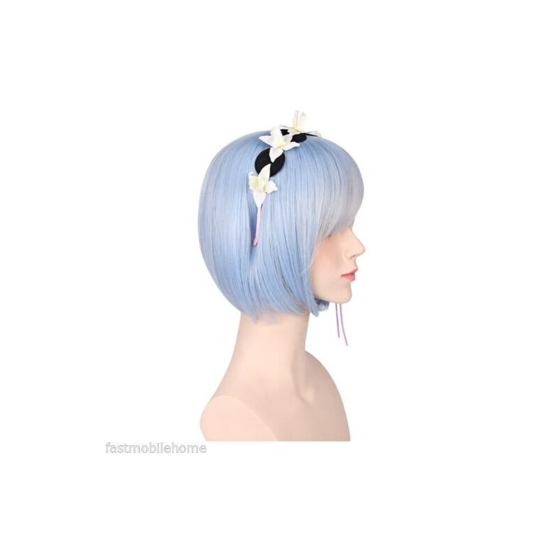 Premium Women Short Ram Rem Cosplay Wig With Stylish Adornment And Heat Resistant Synthetic Bob Hair