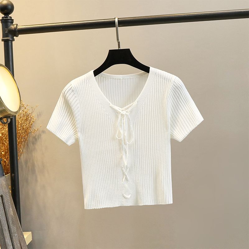 

T-shirt Summer Thin Ice Silk Tether V-neck Slim-Fit Short-Sleeved
